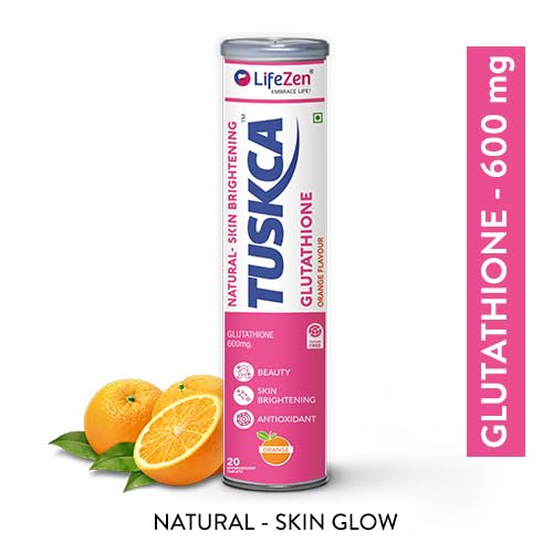 TUSKCA Japanese Glutathione Tablets for Skin Brightening with Vitamin C - Vegan Supplements for Clear, Youthful Skin - Clinically Proven Opitac Glutathione, Best for Pigmentation & Uneven Skin Tone, 20 Effervescent Tablet (Pack of 1) Orange Flavour