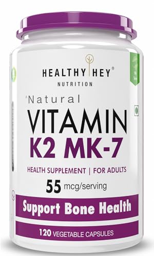 Healthy Hey Nutrition Vitamin K2 | 100% Vegetarian Vitamin K2 Benefits in Bone Health - 55mcg - 120 Vitamin K27 Capsules