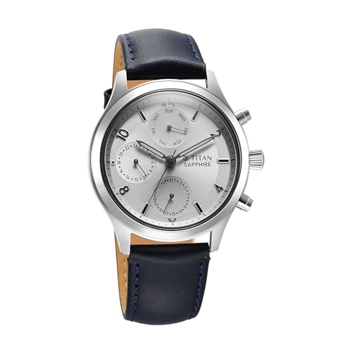 Titan Sapphire Quartz Multifunction Silver Dial Leather Strap Watch for- image 8