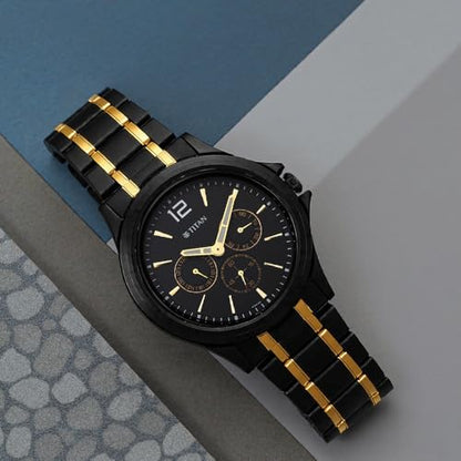 Titan Black and Gold Black Dial Quartz Multifunction Stainless Steel St- image 9