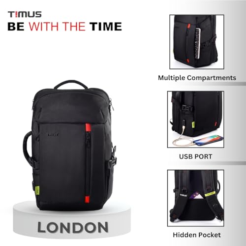 Timus London Black Professional Laptop Backpack for Men & Women 28 L with 15.6 Inch Laptop Compartment | Water resistant with USB Port Anti-Theft Bag | Polyester Fabric