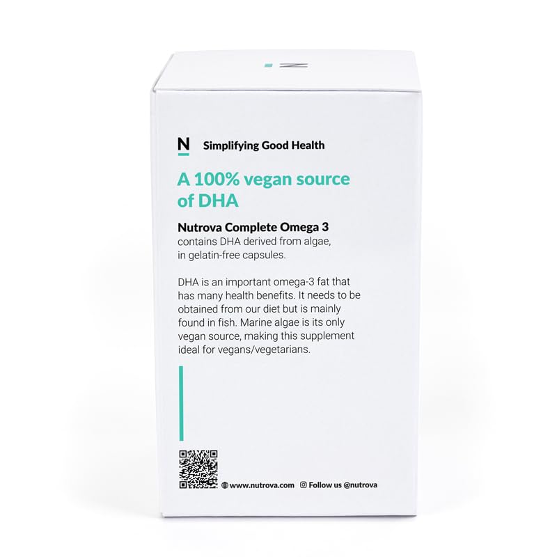 NUTROVA Complete Omega 3 Vegan and Gelatin-Free 60 capsules with Marine Algal Extract Containing 17% vegan-sourced DHA – Supports Cardio Health, Skin & Hair etc - Ideal for Vegans & Vegetarians