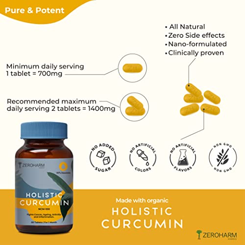 Holistic Curcumin ZEROHARM Supplement- 600mg (60 Veg Tablets) with 95% Curcuminoids - Higher Absorption- Antioxidant & Anti-inflammatory Supplement - For Skin, Joint Support, Boosts Immune System