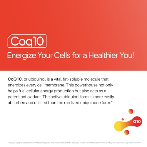 Decode Age CoQ10 100mg, Coenzyme Q10 with Piperine, 99% Pure, Higher Energy Levels, Antioxidant, Healthy Heart, 60 Veg Capsules