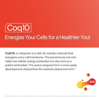Decode Age CoQ10 100mg, Coenzyme Q10 with Piperine, 99% Pure, Higher Energy Levels, Antioxidant, Healthy Heart, 60 Veg Capsules