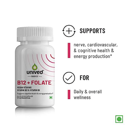 Unived Basics B12+Folate | Vitamin B12 (Methylcobalamin) with 5-MTHF BioAvailable Folate | Essential for Vegan & Vegetarians | 60 Vegan Capsules