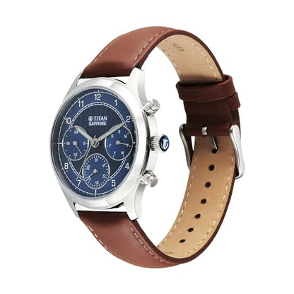 Titan Sapphire Quartz Multifunction Blue Dial Leather Strap Watch for M- image 7