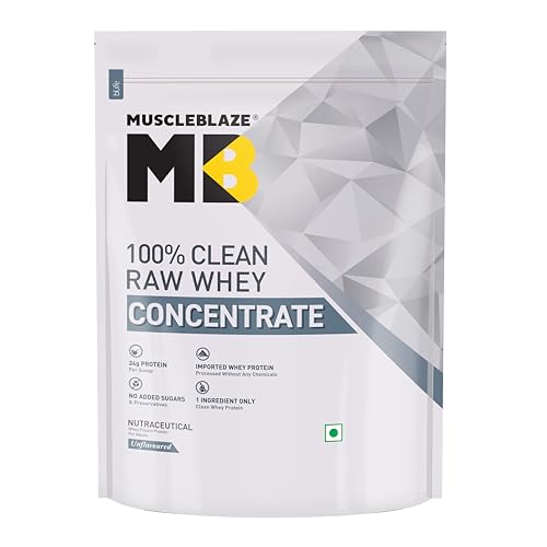 MuscleBlaze 100% Clean Raw Whey Protein Concentrate (Unflavoured, 1kg) | Easy to
