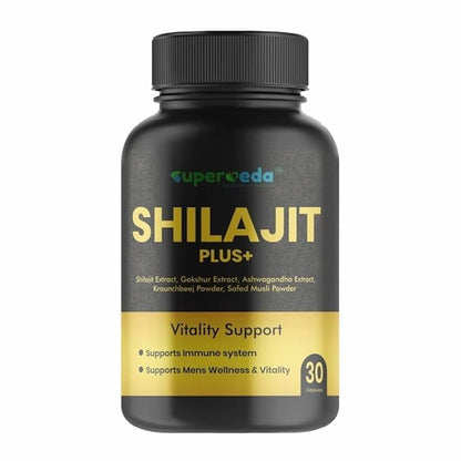 Superveda Shilajit Plus - 30 Capsules | 100% Ayurvedic Pure Original Shilajit Capsules for Strength, Stamina and Power | Vitality Support | Premium Ayurvedic Supplement For Men