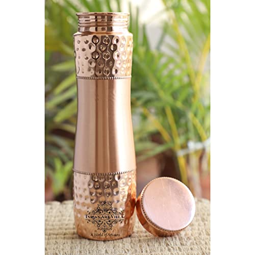 INDIAN ART VILLA Pure Copper Water Bottle With Half Hammered Lacquer Champion Design, Drinkware & Storage Purpose, Ayurvedic Health Benefits, Volume- 1000 ML, Pack Of - 1