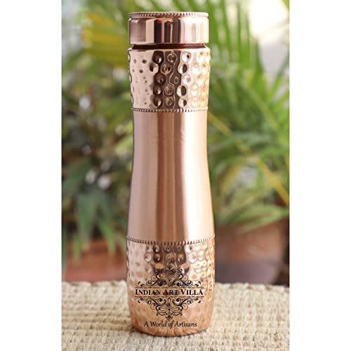 INDIAN ART VILLA Pure Copper Water Bottle With Half Hammered Lacquer Champion Design, Drinkware & Storage Purpose, Ayurvedic Health Benefits, Volume- 1000 ML, Pack Of - 1