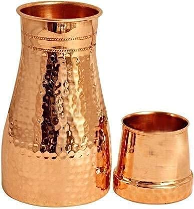 Handicraft Kunj Copper Bedroom Water Bottle with Inbuilt Glass & Hammered Shine Design, Drink-ware, Storage Purpose, Bedroom jar with inbuilt Copper Glass/Vessel Ayurvedic -1100 ml