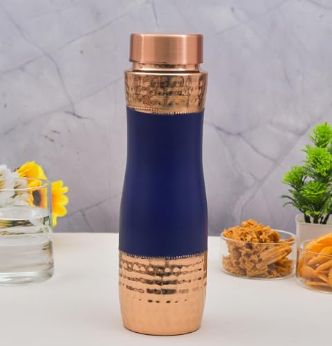 OGGN Stylish Pure Copper Water Bottle, Half Hammered Blue Silk Finish Bottle, Durable & Rust Proof Tamba Bottles for Drinking, Anti-Oxidant Material, Perfect Stylish Office Carrying Bottles - 1000 Ml