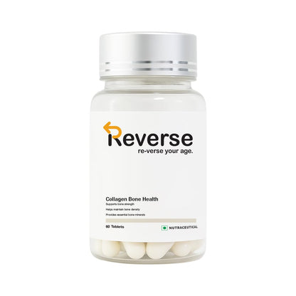 Reverse Clinics Collagen Bone Health- 60 Tablets | 500mg Calcium + Vitamin D3 & K2 | Supports Strong Bones, Joint Mobility & Skin Elasticity | Hyaluronic Acid, Curcumin & Biotin Blend