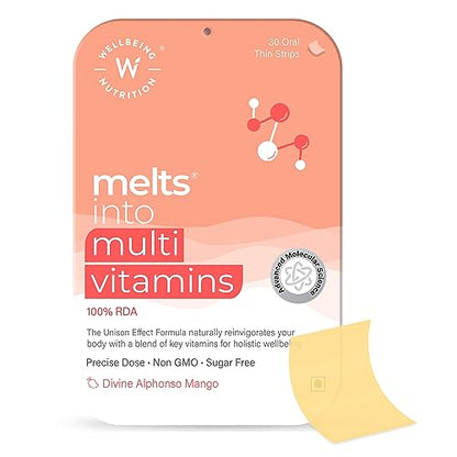 Wellbeing Nutrition Melts Plant Based Multivitamin for Men & Women with 100% RDA of Vitamin A, Vitamin B-Complex, Vitamin C, D3 + K2, Ashwagandha & Ginseng For Immunity & Energy (30 Oral Strips)