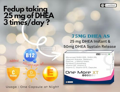 One More XT Sustained Release DHEA 75mg | Dehydroepiandrosterone 75mg (25mg IR+50mg SR) | Ubiquinol Acetate (Coenzyme Q10), Melatonin, L methyl folate, Vitamin E, C, D2, B12, B6, Piperine for men & women -30 Capsules