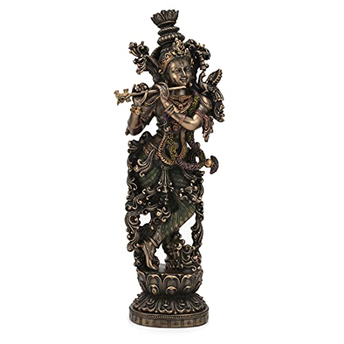 Collectible India 15" Large Krishna Idol - Bronze Finish- Lord Krishan Murti Sta