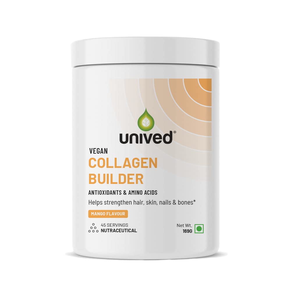 Unived Vegan Collagen Builder,Research Based Formulation For Collagen Synthesis, Hydration, & Protection,For Men & Women, Skin, Hair, Bones, & Tissue, Strength & Health (Mango, 45 Servings) - Powder