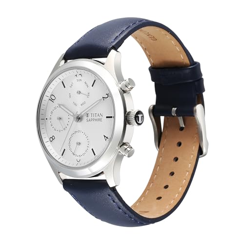 Titan Sapphire Quartz Multifunction Silver Dial Leather Strap Watch for- image 7