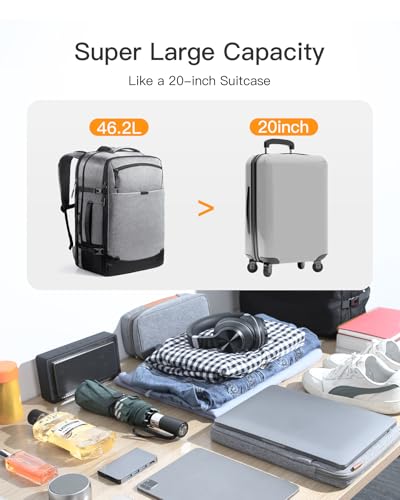Inateck 20-46.2 L Travel Backpack, Expandable Hand Luggage Backpack for Men Women Laptop Backpack Splashproof Compatible 14/17.3 Inch Laptop and 12.9 Inch iPad for Weekender, gray, 46.2 L, Casual