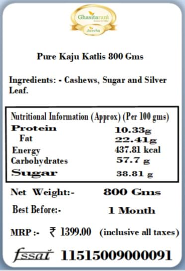 Ghasitaram Gifts Kaju Katlis Sweets Box - 800 GMS|Sweets Gift Pack|Sweets|Sweets Gift Pack|Diwali Sweets|Indian Mithai|Diwali Sweets Gift Box|Sweets Gift Box|Kaju Katli