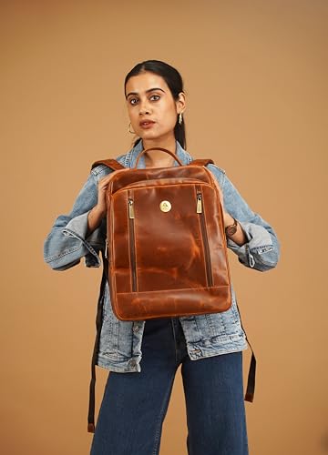 Leather Laptop Backpack | Padded 15.6-inch Laptop Compartment for Men's and Women | Comfortable Padded Back Panel | Multiple Pocket Sleeves | Convenient Storage for Office Use - (COGNAC)