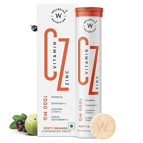 Wellbeing Nutrition Vitamin C + Zinc | Natural and Organic Immunity Booster | 100% RDA | 1000mg Vitamin C (Pack of 16 Effervescent Tablets)