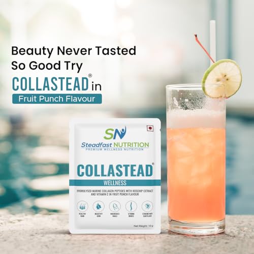 Steadfast Nutrition Collastead Collagen Powder | Natural Marine Collagen Supplements | Boost Skin, Hair, Bones, Nail Health with Pure Collagen Peptides | Fruit Punch Flavour, 300g | 30 Sachets