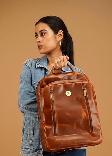 Leather Laptop Backpack | Padded 15.6-inch Laptop Compartment for Men's and Women | Comfortable Padded Back Panel | Multiple Pocket Sleeves | Convenient Storage for Office Use - (COGNAC)