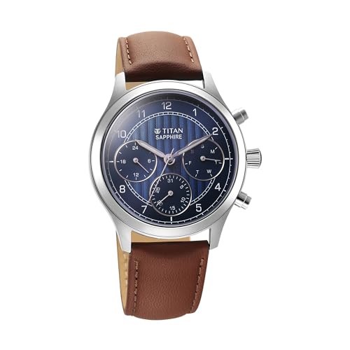 Titan Sapphire Quartz Multifunction Blue Dial Leather Strap Watch for M- image 8