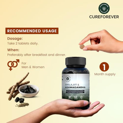 CUREFOREVER Shilajit & Ashwagandha Tablets 1000mg/Serving - Natural Ayu- image 2