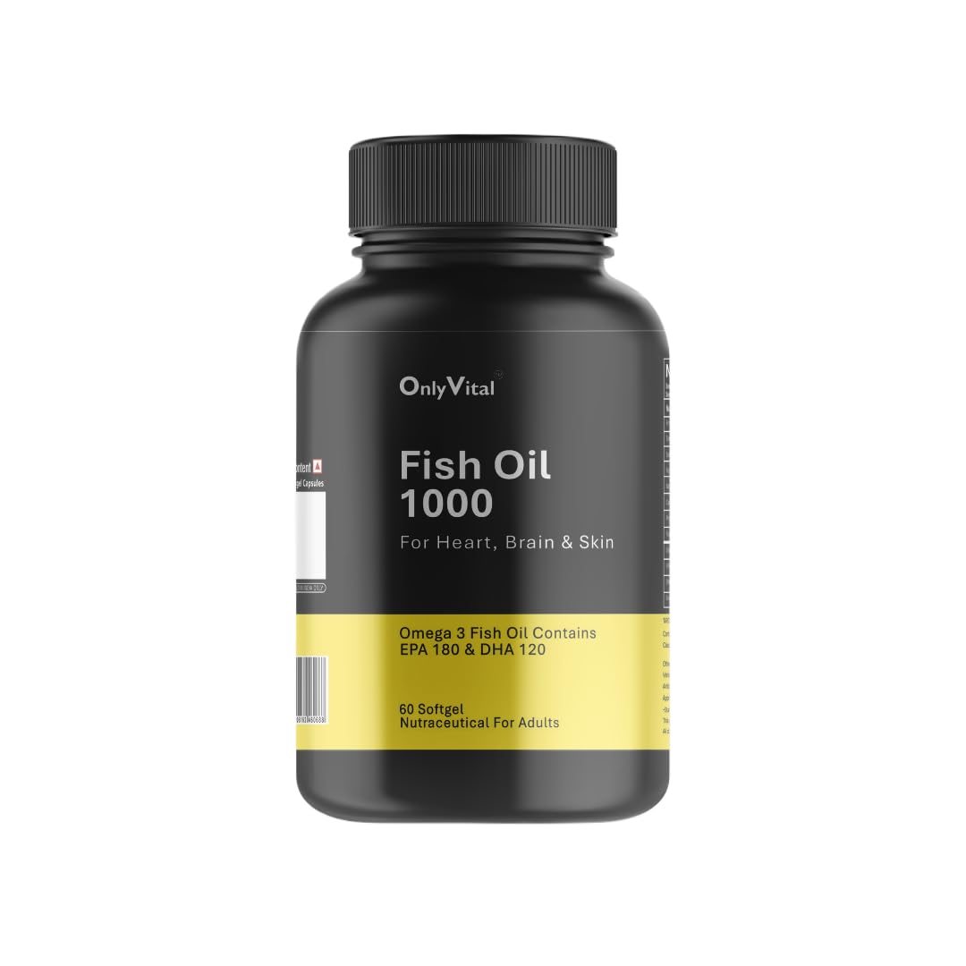 OnlyVital Fish Oil 1000 mg Softgels | Omega 3 with EPA 180 mg & DHA 120 mg | Supports Heart, Brain & Skin Health | Nutraceutical Supplement | 60 Softgels