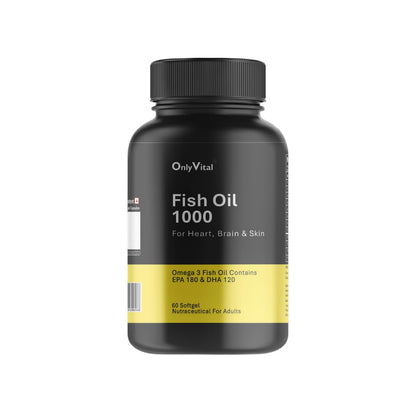 OnlyVital Fish Oil 1000 mg Softgels | Omega 3 with EPA 180 mg & DHA 120 mg | Supports Heart, Brain & Skin Health | Nutraceutical Supplement | 60 Softgels
