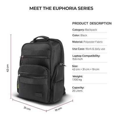 Timus Boston Black Professional Laptop Backpack for Men & Women 25 L | Fits 15.6 Inch Laptop | Water-Resistant | Premium Polyester Build with Trolley Sleeve