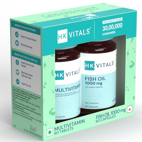 HealthKart hk vitals Fish Oil and Multivitamin (60 Tablets Each) Combo Pack | 1000mg Omega 3 with 180mg EPA & 120mg DHA | Enhances Energy, Immunity & Joints Health