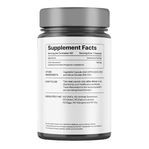 Decode Age Trans Resveratrol Supplement, Powerful Antioxidant for Anti-Ageing, Anti-Inflammatory, Metabolism & Heart Health, 500mg, 60 Veg Capsules