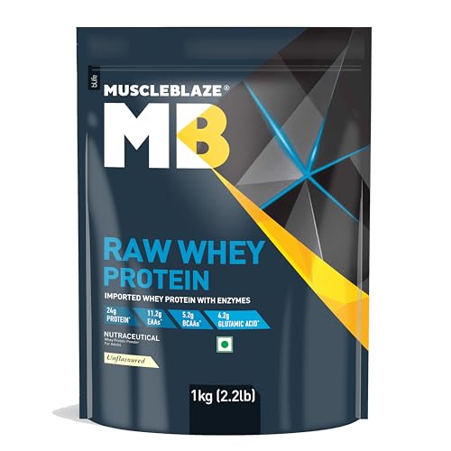 MuscleBlaze Raw Whey Protein Concentrate (Unflavoured, 1kg) | Light & Clean Prot