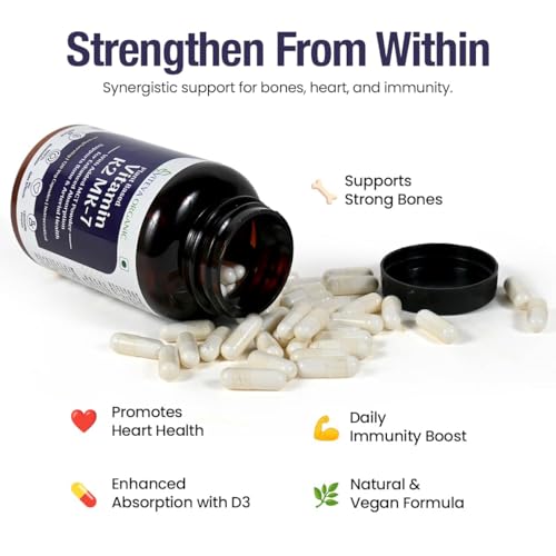 Viteva Organic Vitamin K2 MK7 100 Percent Vegetarian Capsules With MCT Powder For Bone Strength Vitamin K2 Support Calcium Absorption Multi Vitamin Supplement For Men And Women (120 Count)