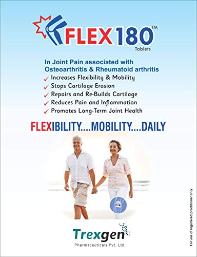 Trexgen FLEX180™ Advanced Total Joint Pain & Cartilage Repair-Matrix Collagen Type 2(350mg Hydrolyzed & Undenatured 40mg),Chondroitin 100mg,Hyaluronic acid 50mg,Rosehip 375mg (Pack of 1x30 Tablets)