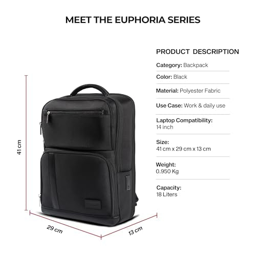 Timus Harvard Black Professional Laptop Backpack for Men & Women 18 L | Water Resistant | Premium Polyester Build with USB Port, Anti-Theft & Trolley Sleeve