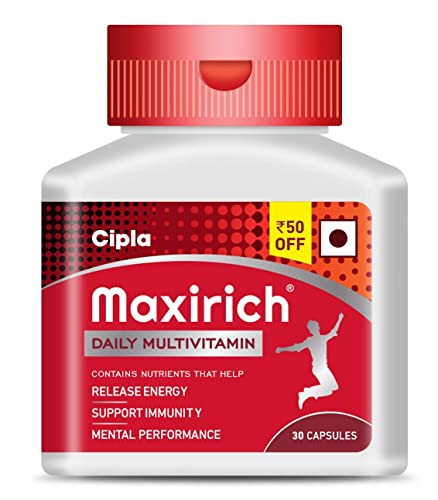 Cipla Maxirich Daily Multivitamin (30 Capsules) For Men & Women With Essential Nutrients, Vitamins, Minerals, Anti-oxidants For Building Immunity & Energy (Bottle Pack)