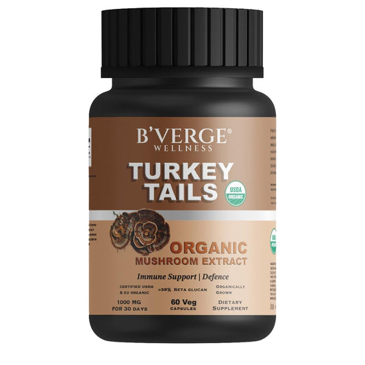 B'VERGE® Turkey Tails mushroom Capsules 500mg | Digestive & Liver Health | Heart health, Stress Relief | Immune Response Support | USDA Organic - 35% Beta Glucan (60 Capsules, 60)