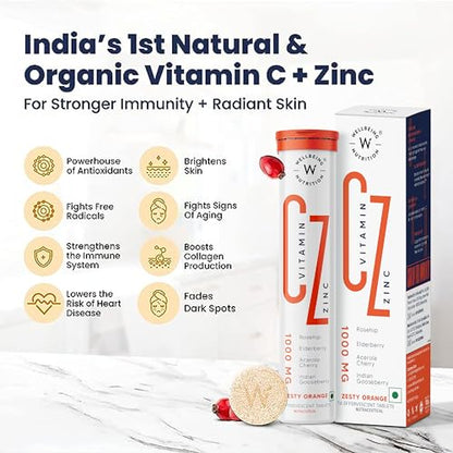 Wellbeing Nutrition Vitamin C + Zinc | Natural and Organic Immunity Booster | 100% RDA | 1000mg Vitamin C (Pack of 16 Effervescent Tablets)