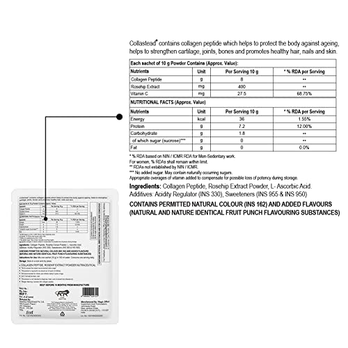 Steadfast Nutrition Collastead Collagen Powder | Natural Marine Collagen Supplements | Boost Skin, Hair, Bones, Nail Health with Pure Collagen Peptides | Fruit Punch Flavour, 300g | 30 Sachets