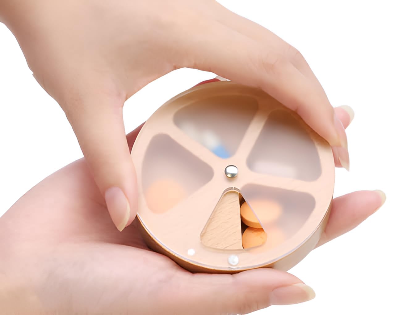 Wooden Pill Organizer Medicine Holder Tablet Box Daily Pill Case Weekly Pill Box Round Pill Dispenser with Rotating Lid Compartment Storage Vitamin Supplement Container Portable Eco Friendly Natural Wood Health Care Organizer for Home Travel Senior Care (