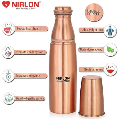 NIRLON Amrutam Copper/Tamba Water Bottle with Glass, 1000ml, 1 Piece, Copper | Leak Proof | Office Bottle | Gym Bottle | Yoga Bottle | Home | Kitchen | Hiking | Treking Bottle | Travel Bottle