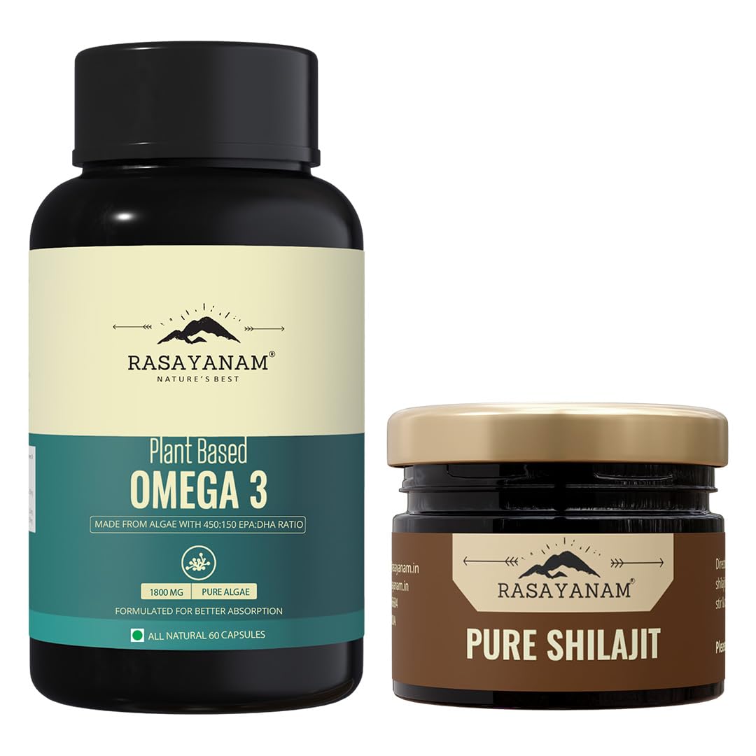 Rasayanam Pure Himalayan Shilajit (20g) & Plant Based Omega-3 (60 Capsules), Com