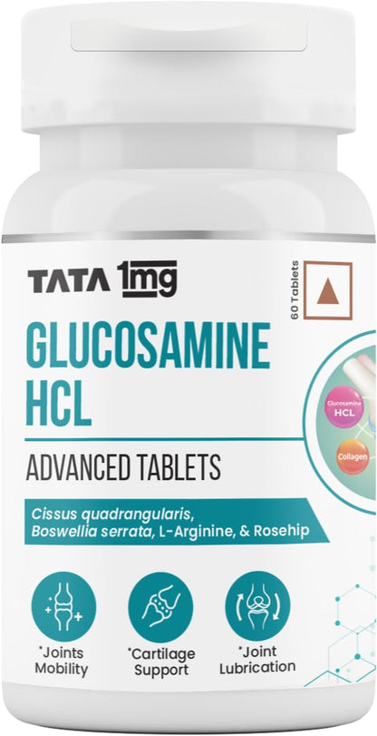 Tata 1mg Glucosamine HCL 1500 mg Tablet with Boswellia, Rosehip, Collagen, Arginine for Joint Support, For Men & Women, Non-GMO & Soy-Free (60 Tablets)