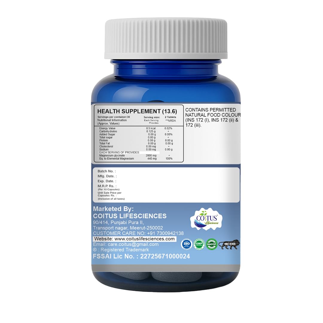 Magnesium Glycinate Tablets | High Absorption Chelated form for Muscle Recovery, Sleep & Nerve Health | 2000mg Per Serving – 60 Veg Tablets