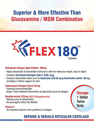 Trexgen FLEX180™ Advanced Total Joint Pain & Cartilage Repair-Matrix Collagen Type 2(350mg Hydrolyzed & Undenatured 40mg),Chondroitin 100mg,Hyaluronic acid 50mg,Rosehip 375mg (Pack of 1x30 Tablets)